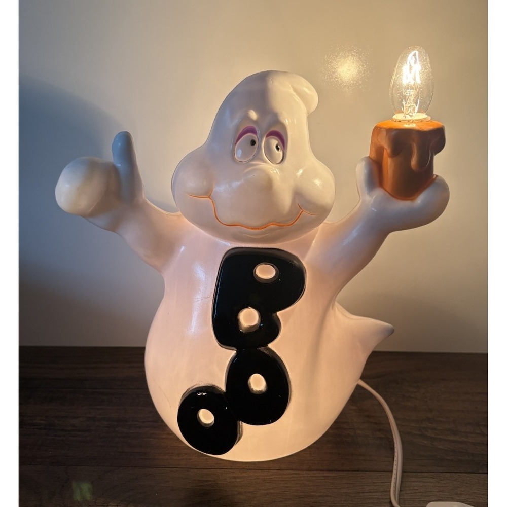 Vintage Plastic Halloween Boo 10" Ghost with Flickering Candle Light Blow Mold